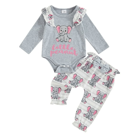 Aojekbee Baby Girls Autumn 2PCS Sets Long Sleeve Round Neck Elephant Print Romper Pants Sets