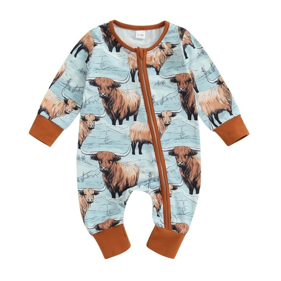 Aojekbee Baby Girls Boys Romper Highland Cow Print Long Sleeve Crew Neck Jumpsuits Fall Casual Clothes Infant Bodysuits