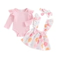 thumbnail image 1 of Aojekbee Baby Girls Fall Outfits Long Sleeve Ribbed Romper + Bow Suspender Skirt + Headband Set Newborn Clothes, 1 of 10