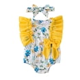 thumbnail image 1 of Aojekbee Baby Girls Flutter Sleeve Romper Floral Butterfly Print Round Neck Jumpsuit with Bow Headband, 1 of 10