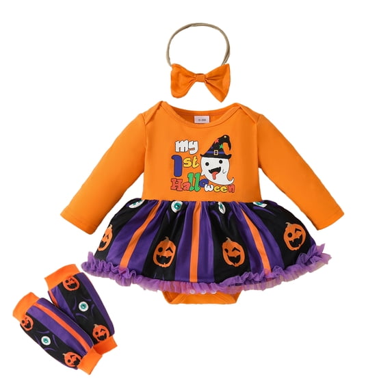 Aojekbee Baby Girls Halloween Outfits Letter Pumpkin Print Long Sleeve Romper Dress and Cute Headband Leg Warmer Set
