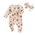 thumbnail image 1 of Aojekbee Baby Girls Outfit, Long Sleeve Crew Neck Frills Zipped Floral Footies Jumpsuit and Headband Fall Clothes, 1 of 10