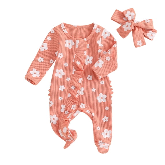 Aojekbee Baby Girls Outfit, Long Sleeve Crew Neck Frills Zipped Floral Footies Jumpsuit and Headband Fall Clothes