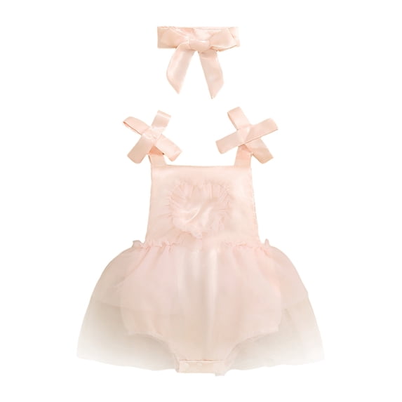 Aojekbee Baby Girls Romper Dress Heart Pattern Bowknot Straps Sleeveless Mesh Skirt Hem Bodysuits Summer Clothes with Headband