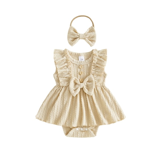 Aojekbee Baby Girls Rompers Solid Color Ruffles Sleeveless Crew Neck Bowknot Skirt Hem Infant Bodysuits Jumpsuits with Headband
