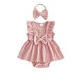thumbnail image 1 of Aojekbee Baby Girls Rompers Solid Color Ruffles Sleeveless Crew Neck Bowknot Skirt Hem Infant Bodysuits Jumpsuits with Headband, 1 of 8
