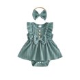 thumbnail image 1 of Aojekbee Baby Girls Rompers Solid Color Ruffles Sleeveless Crew Neck Bowknot Skirt Hem Infant Bodysuits Jumpsuits with Headband, 1 of 8
