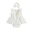 thumbnail image 1 of Aojekbee Baby Girls Rompers Solid Color Ruffles Sleeveless Crew Neck Bowknot Skirt Hem Infant Bodysuits Jumpsuits with Headband, 1 of 8