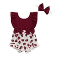 thumbnail image 1 of Aojekbee Baby Girls Rompers Strawberry Print Patchwork Fly Sleeve Bodysuits Summer Clothes with Headband, 1 of 10