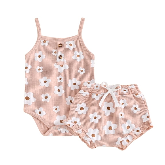 Aojekbee Baby Girls Shorts Outfits Floral Print Sleeveless Romper with Ruffled Short Pants 2 Pcs Set