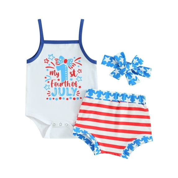 Aojekbee Baby Girls Shorts Set, Sleeveless Letters Print Romper with Stars Striped Shorts Hairband Summer Outfit for Independence Day