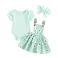 thumbnail image 1 of Aojekbee Baby Girls Spring Outfits Short Sleeve Ribbed Romper + Suspender Skirt + Headband Set Newborn 3 Piece Clothes, 1 of 10