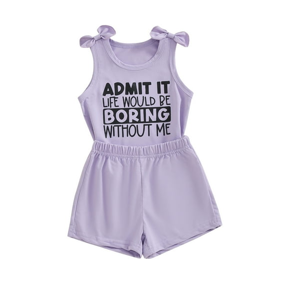Aojekbee Baby Girls Summer 2 Piece Outfits Letter Print Bow Straps Tank Tops and Elastic Shorts Set Fashion Cute Clothes