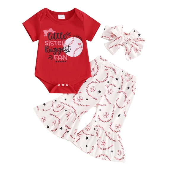 Aojekbee Baby Girls Summer 3PCS Sets Short Sleeve Romper Tops Baseball Print Flared Pants Headband Sets