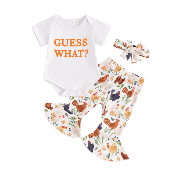 Aojekbee Baby Girls Summer 3PCS Sets Short Sleeve Romper Tops Chicken Print Flared Pants Headband Sets
