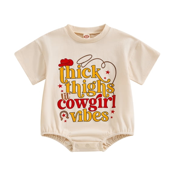 Aojekbee Baby Girls Summer Casual Romper Short Sleeve Crewneck Letter Cowgirl Hat Print Romper Tops