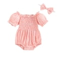 thumbnail image 1 of Aojekbee Baby Girls Summer Casual Romper Short Sleeve Off Shoulder Plaid Romper with Headband, 1 of 10