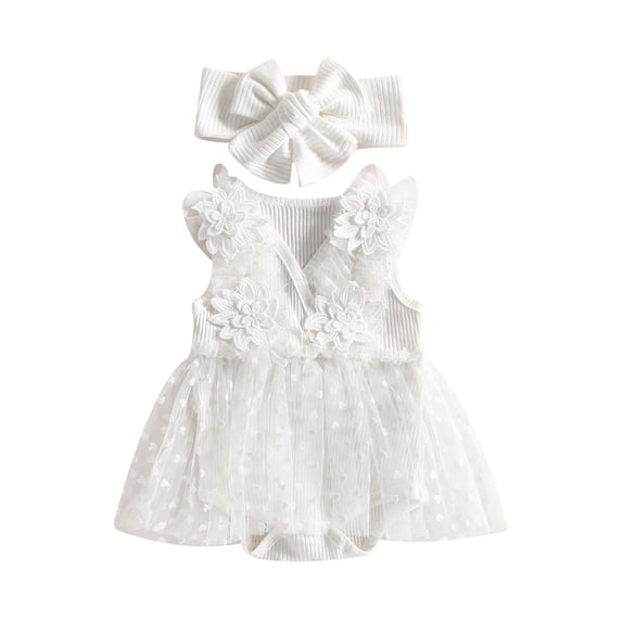 Aojekbee Baby Girls Summer Casual Romper White Sleeveless 3D Flower Mesh Patchwork Romper with Headband