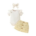 thumbnail image 1 of Aojekbee Baby Girls Summer Outfit Ribbed Short Sleeves Rompers and Plaid Buttons Skirt Headband 3 Piece Clothes Set, 1 of 10