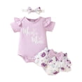 thumbnail image 1 of Aojekbee Baby Girls Summer Outfit Short Sleeve Romper + Floral Ruffle Shorts + Headband Set Newborn Clothes, 1 of 10