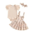 thumbnail image 1 of Aojekbee Baby Girls Summer Outfit Short Sleeves Rompers and Floral Suspender Skirt Headband 3 Piece Clothes Set, 1 of 10