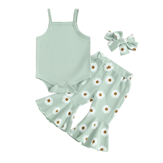 Aojekbee Baby Girls Summer Outfit, Sleeveless Romper with Flower Print Flare Pants and Headband