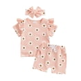 thumbnail image 1 of Aojekbee Baby Girls Summer Outfits Floral Print Short Sleeve T-Shirt and Shorts Cute Headband Set 3 Piece Clothes, 1 of 10