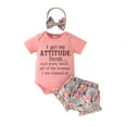 thumbnail image 1 of Aojekbee Baby Girls Summer Outfits Letter Print Short Sleeve Romper and Elastic Floral Shorts Cute Headband 3 Piece Clothes, 1 of 10