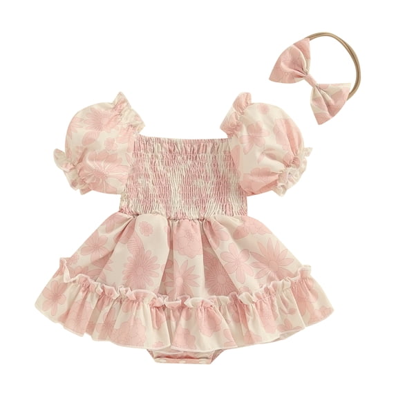 Aojekbee Baby Girls Summer Romper Dress Short Puff Sleeve Off Shoulder Floral Romper with Headband