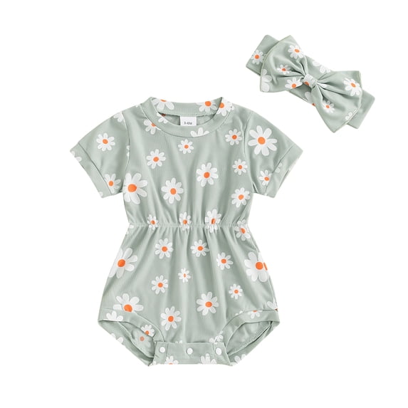 Aojekbee Baby Girls Summer Rompers Infant Short Sleeve O Neck Floral Romper with Headband