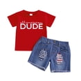 thumbnail image 1 of Aojekbee Boys Memorial Day Outfits Letter Print Short Sleeves T-Shirt and Elastic Ripped Denim Shorts Set for 2 Piece Clothes, 1 of 10