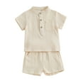 thumbnail image 1 of Aojekbee Boys Summer 2PCS Shorts Sets Short Sleeve Button Up Tops and Solid Color Shorts Sets, 1 of 10