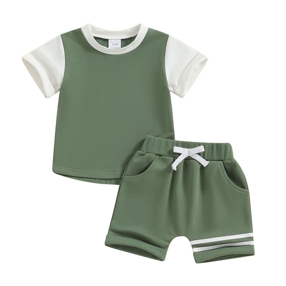 Aojekbee Boys Summer 2PCS Shorts Sets Short Sleeve Contrast Color Tops and Drawstring Shorts Sets