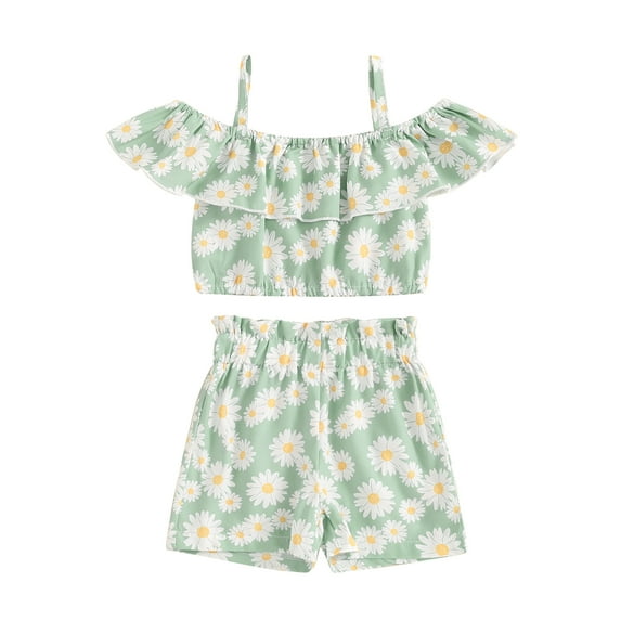 Aojekbee Girls Summer 2PCS Shorts Sets Short Sleeve Off Shoulder Daisy Print Tops Shorts Sets