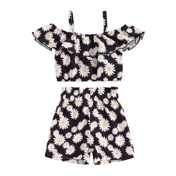 Aojekbee Girls Summer 2PCS Shorts Sets Short Sleeve Off Shoulder Daisy Print Tops Shorts Sets