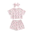 thumbnail image 1 of Aojekbee Girls Summer 3PCS Shorts Sets Short Sleeve Crewneck Floral Checkerboard Print Tops Shorts Headband Sets, 1 of 10