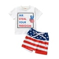 thumbnail image 1 of Aojekbee Independence Day Baby Boys Outfits Summer Letter Print Short Sleeve T-Shirt and Elastic Star Stripe Shorts Set, 1 of 10