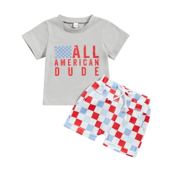 Aojekbee Independence Day Baby Clothes Infant Boys Girls Letter Print T-Shirts and Contrast Color Checkerboard Shorts 2Pcs Set