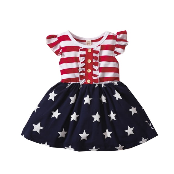 Aojekbee Independence Day Girls Dress, Stripe and Star Printed Pattern Round Collar Sleeveless/ Fly Sleeves One-piece