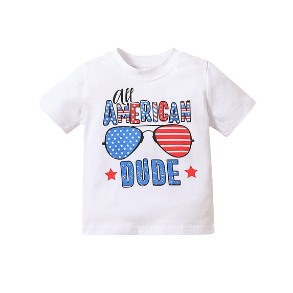 Aojekbee Independence Day Kids Boy T-shirt Casual Summer Glasses Printed Short Sleeve Pullover Shirt for Toddler