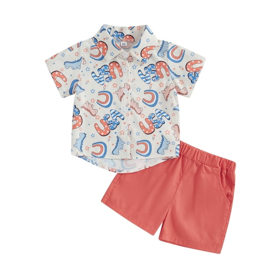 Aojekbee Independence Day Kids Boys Clothes Letter Stars Car Print Turn-Down Collar Short Sleeve Shirts Solid Color Shorts 2Pcs Suit