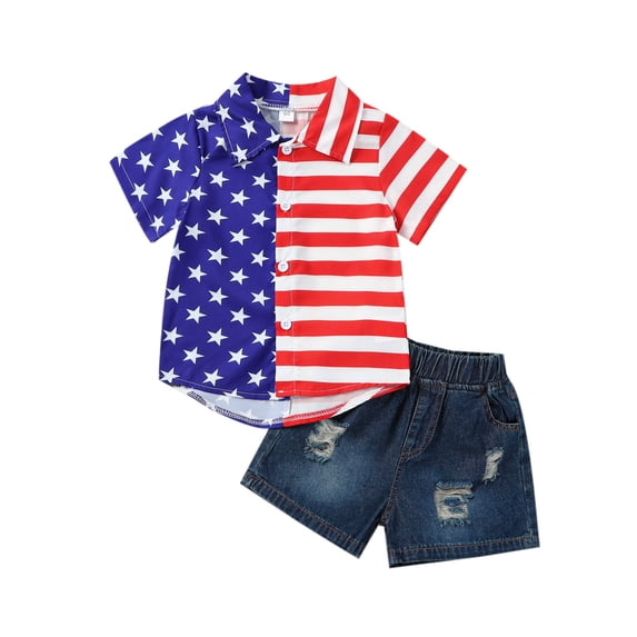 Aojekbee Independence Day Kids Boys Clothes Suits Stripe Stars Print Turn-Down Collar Short Sleeve Shirts Ripped Denim Shorts 2Pcs Set