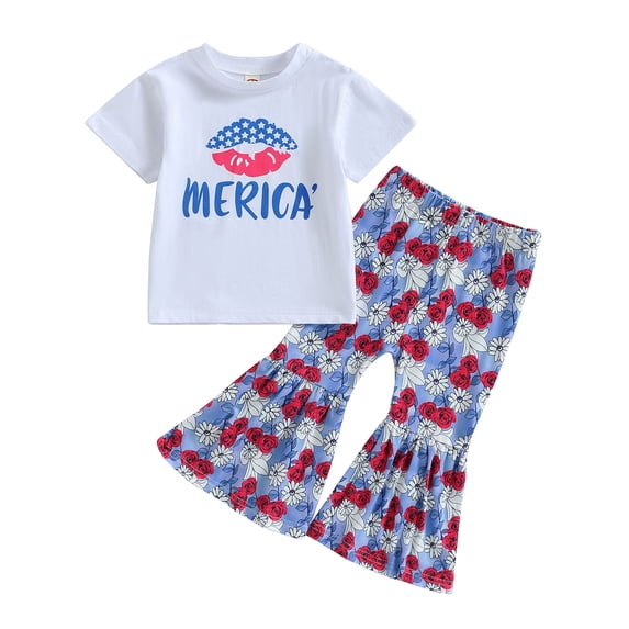 Aojekbee Independence Day Kids Girls Clothes Suits Stars Letter Print Crew Neck Short Sleeve T-Shirts Floral Print Flare Pants 2Pcs Set