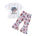 thumbnail image 1 of Aojekbee Independence Day Kids Girls Outfits Summer Bull Head Print Short Sleeve Tassel T-shirt and Elastic Flare Pants Set, 1 of 9
