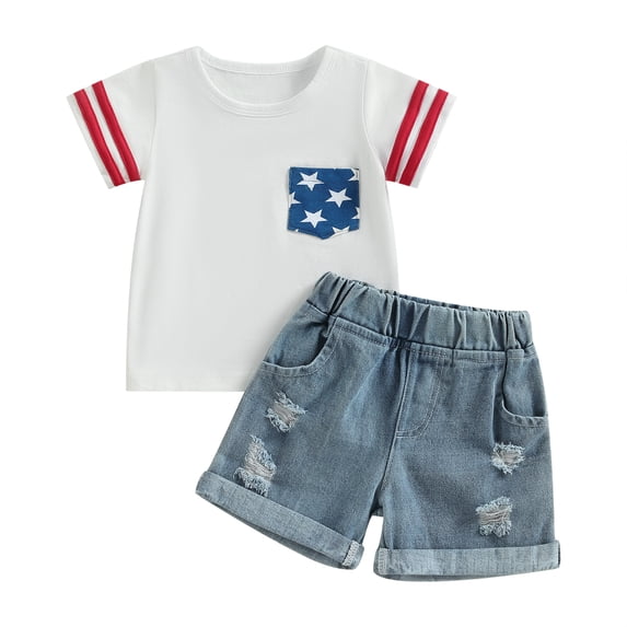 Aojekbee Independence Day Kids Outfits Summer Short Sleeve T-shirt and Elastic Casual Ripped Denim Shorts Set for Girls Boys