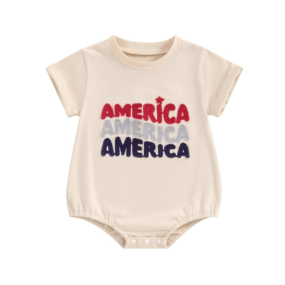 Aojekbee Infant Baby 4th of July Jumpsuit Letter Embroidery Short Sleeve Round Neck Romper for Boys Girls