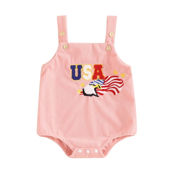 Aojekbee Infant Baby 4th of July Overalls Letter Embroidery Neck Sleeveless Ribbed Bodysuit