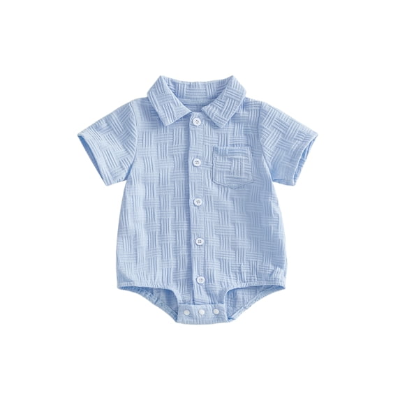 Aojekbee Infant Baby Boy Shirt Romper Summer Lapel Neck Short Sleeve Button Down Front Jacquard Jumpsuit