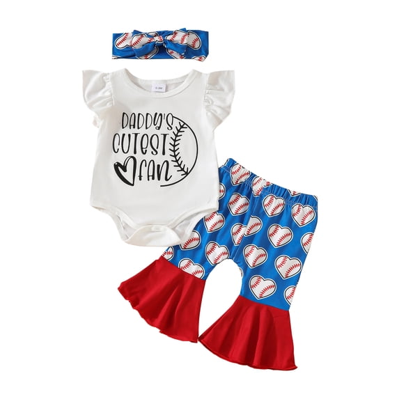Aojekbee Infant Baby Girl Outfit Letter Print Flying Sleeve Romper with Baseball Pattern Flare Pants Headband 3Pcs Outfit