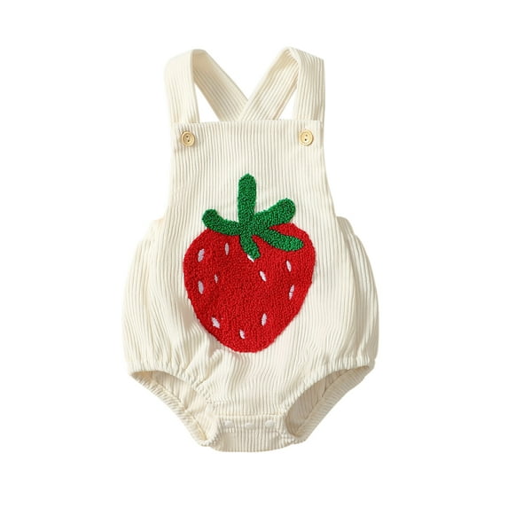 Aojekbee Infant Baby Girl Overalls Rainbow/Strawberry Embroidery Neck Sleeveless Ribbed Romper